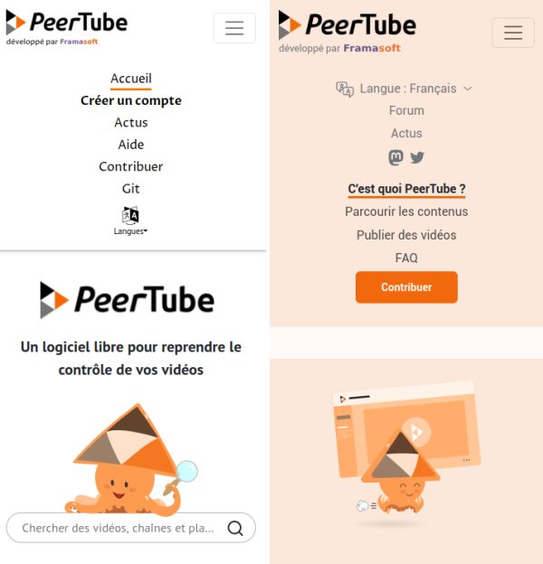 A gauche, l’ancien menu de JoinPeerTube, à droite le nouveau.